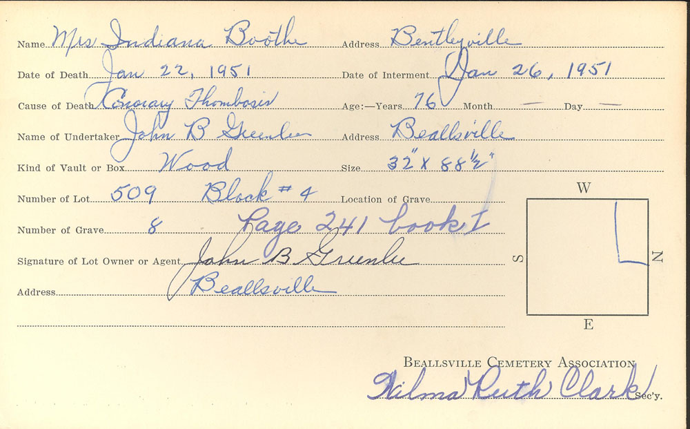 Indianna Boothe burial card